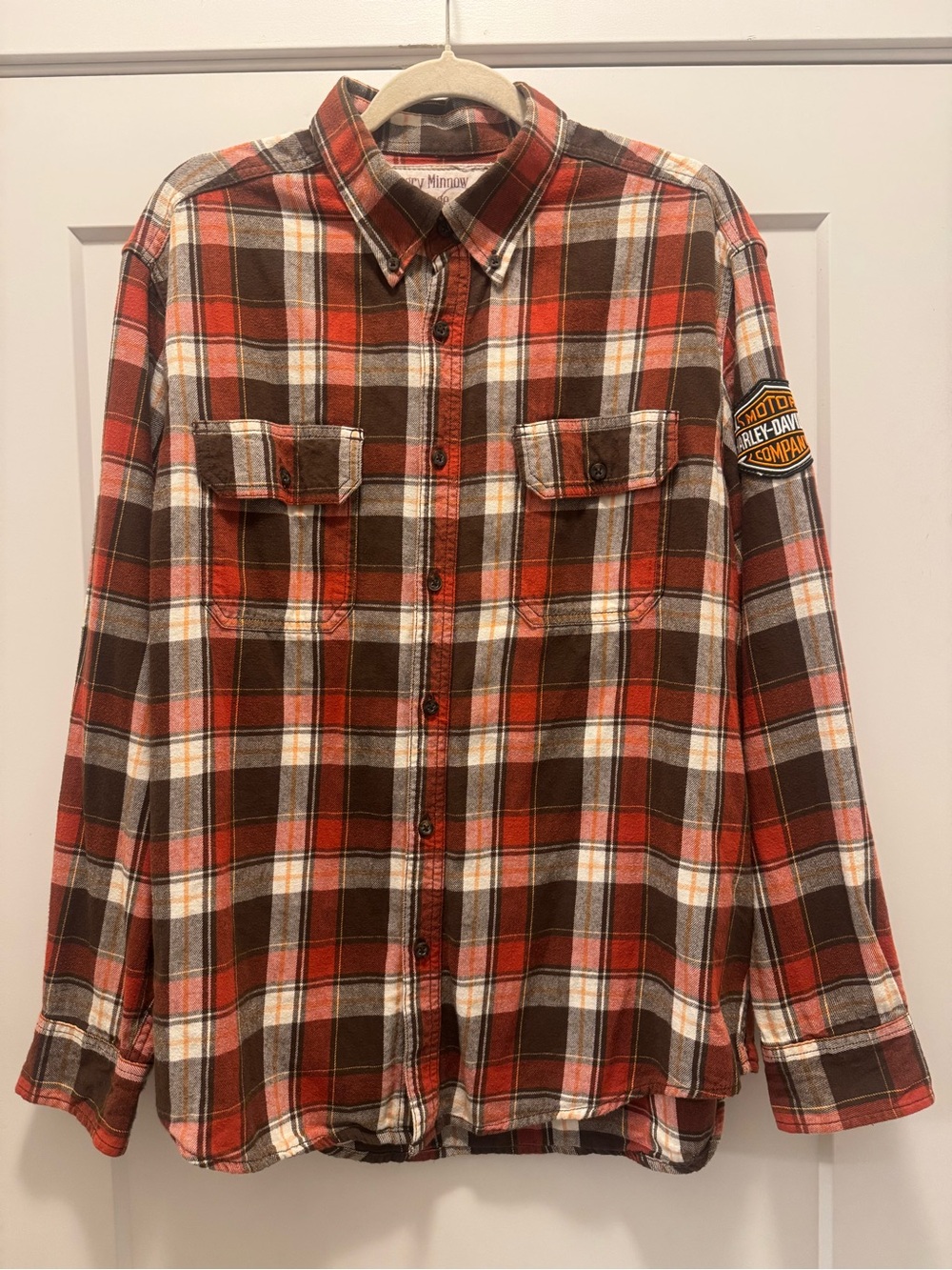 Angry Minnow & Harley-Davidson Plaid Flannel Button-Down Shirt. L. Like New! 🔥🔥